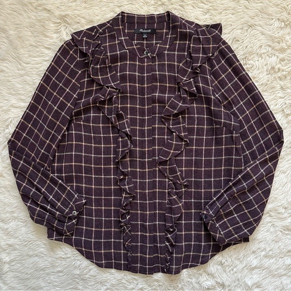 Madewell Blouse Plaid Ruffle-Front Top Button Up Long Sleeve Wool Blend XS - Picture 2 of 12
